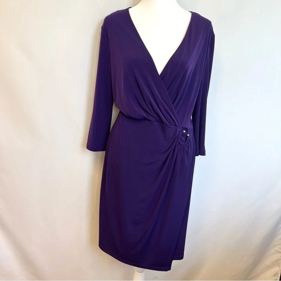 Calvin Klein Purple 3/4 Sleeve Faux Wrap Stretch Formal Dress Womens Size 10 - Picture 4 of 16